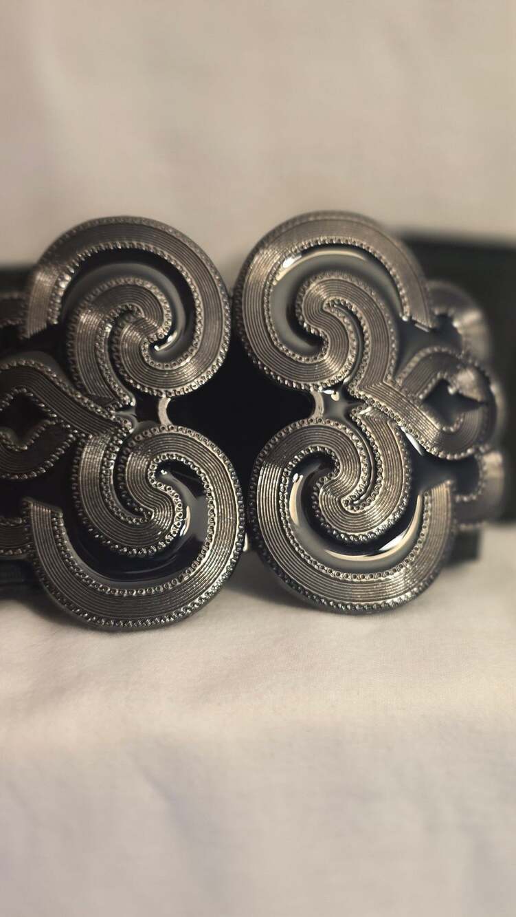 Black Elastic Stretch Belt with Silver Tone Swirl Buckle